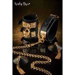 Collier noir plaque dorée & Laisse mousqueton doré