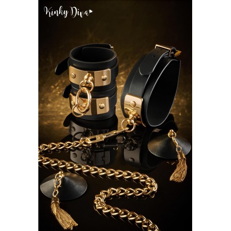 Collier noir plaque dorée & Laisse mousqueton doré