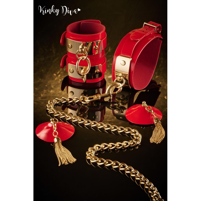 Collier Glossy rouge & Laisse mousqueton doré