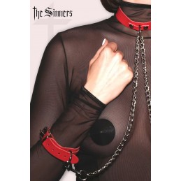 Collier chaine menottes cuir rouge acier argenté